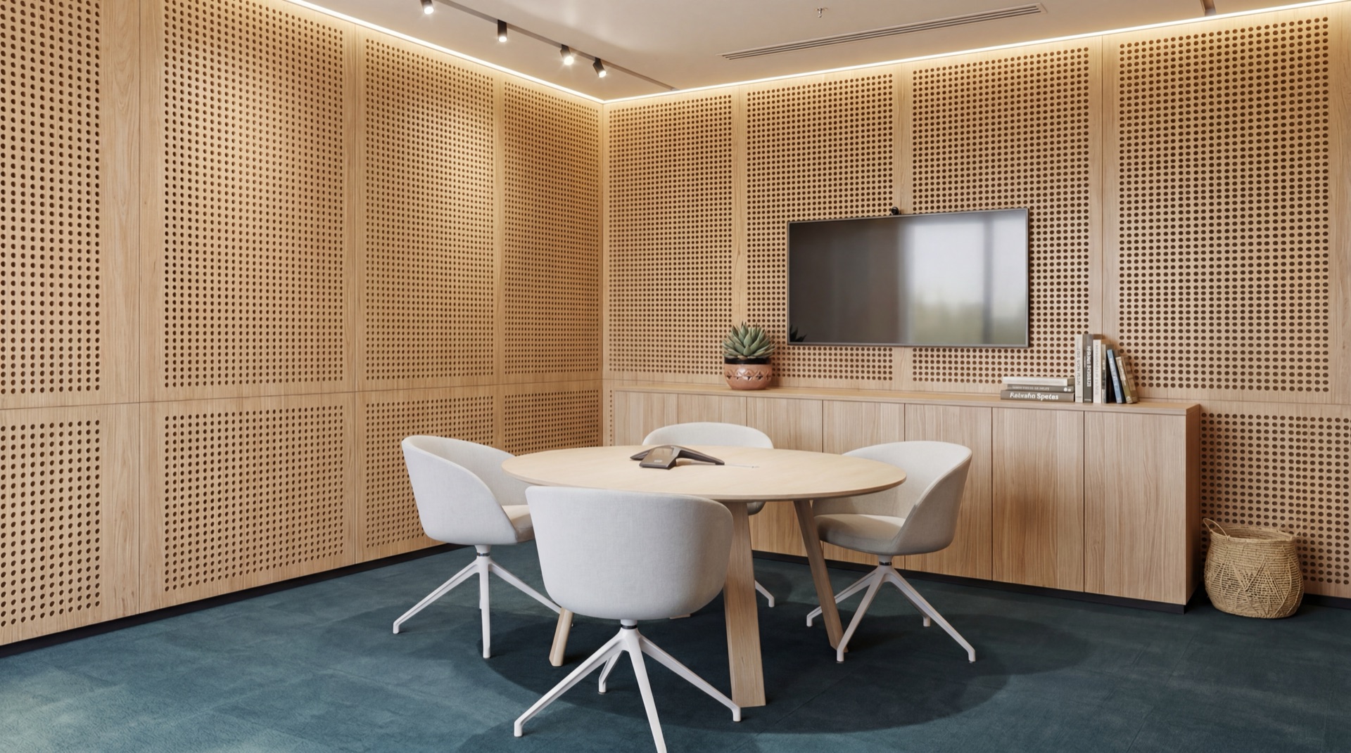 Sala de juntas con paneles de madera — Ergospazzio